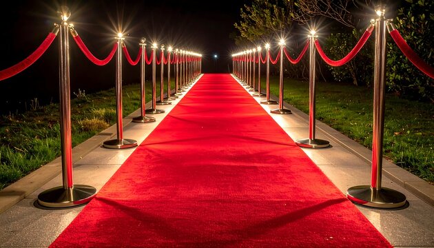 A vibrant red carpet pathway, illuminated by glowing lights and velvet ropes, leading into darkness, creating an elegant, yet enigmatic scene