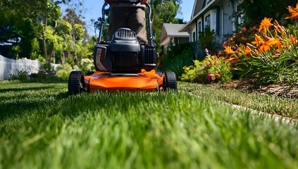 Close-up view of a person mowing a green lawn with an orange lawnmower in a garden. Freshly cut grass, flowers, and a house create a vibrant summer backyard scene.