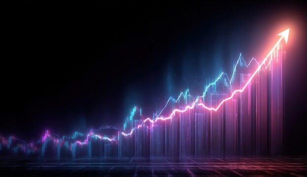 Dynamic financial chart with glowing upward arrow signifies profitable growth and market success in a modern abstract setting