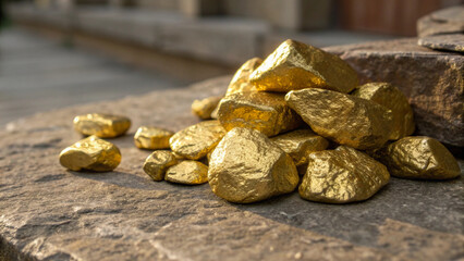 Golden mineral nuggets with bright reflections, set on a rough stone surface, highlighting themes of wealth and treasure."
