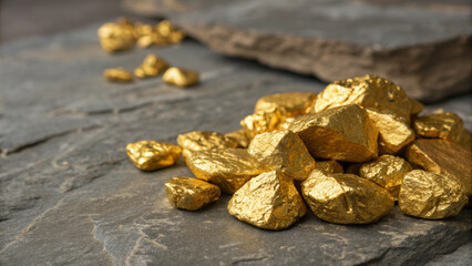Pile of golden nuggets glowing with metallic shine, placed on rugged stone ground as a symbol of fortune."