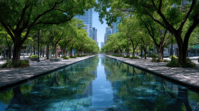 Scenic Urban River Reflection Among Lush Green Trees in Cityscape under Bright Sunlight