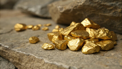 Shiny golden nuggets reflecting light, displayed on rough textured stone surface, representing value, rarity, and treasure."
