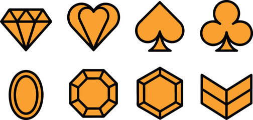 Illustration of various golden icons, including diamond, heart, spade, club, oval, octagon, hexagon, and chevron shapes, arranged in a neat and organized manner