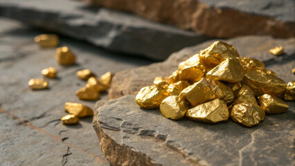 Glittering gold nuggets scattered on a rugged stone background, symbolizing prosperity, fortune, and natural mineral wealth."