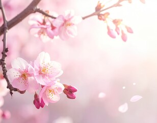 Obraz premium Pink Cherry Blossoms Branch Sunlight Soft Background