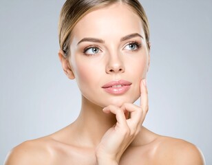 Woman with flawless skin, thoughtful expression