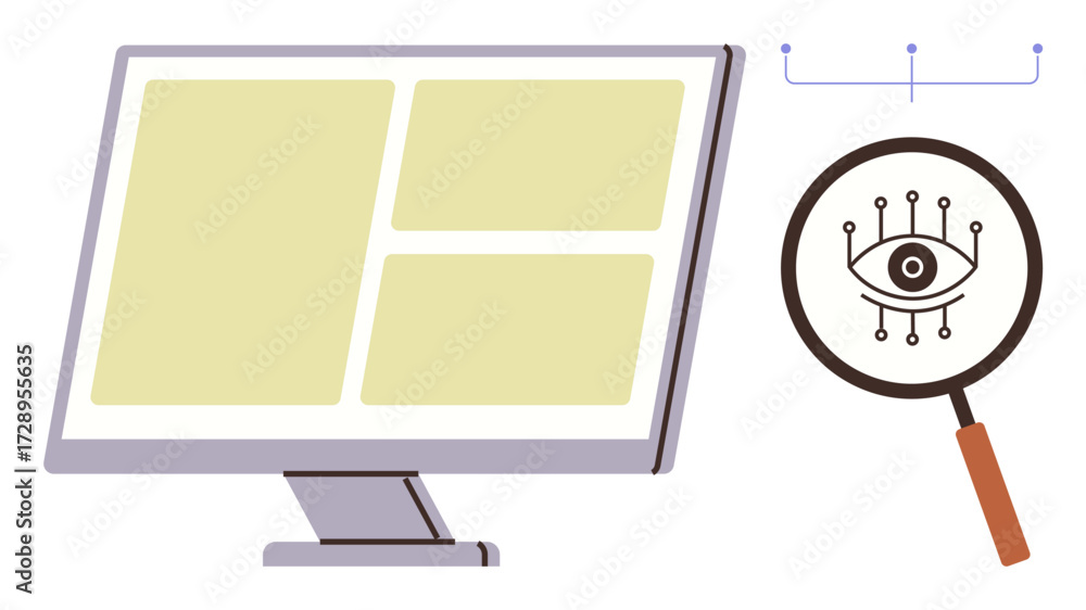 Poster computer monitor displaying data panels alongside a magnifying glass featuring an eye with digital l