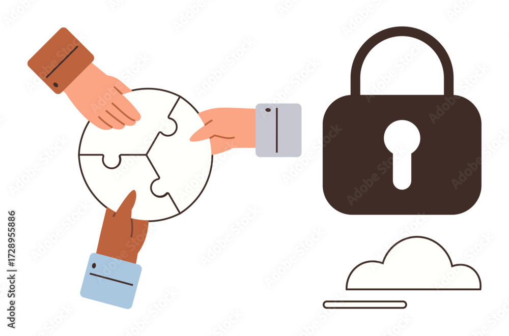 Poster hands connecting puzzle pieces symbolizing collaboration, a lock representing security, and a cloud 