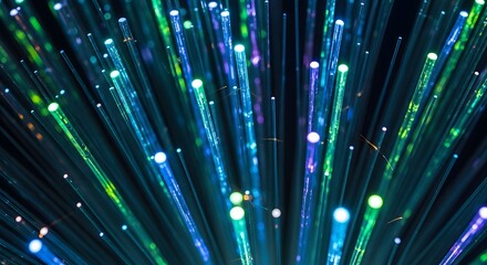 Vibrant fiber optic network whisking data with glowing light streams, showcasing advanced digital technology and seamless connectivity