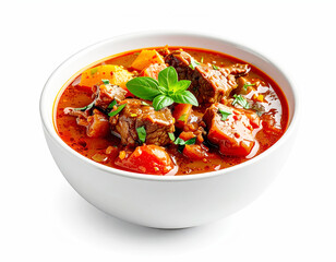 Bowl of braised beef and vegetables in stewed tomato sauce, white background. AI
