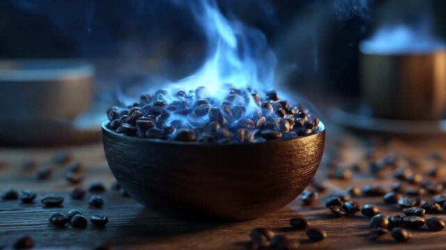 Coffee beans with blue smoke