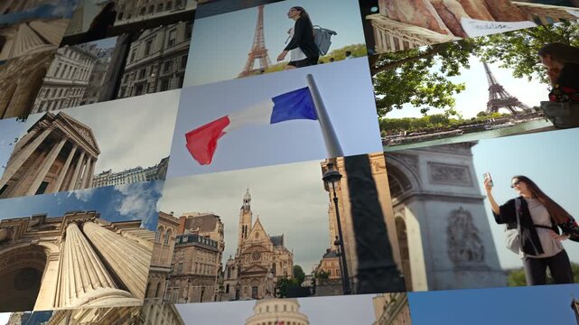 Paris collage of famous landmarks including historical buildings Eiffel Tower and Arc de Triomphe with beautiful cityscapes travel and architecture in Europe