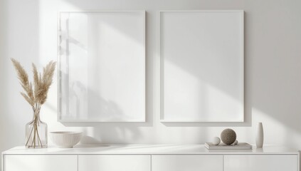 Fototapeta premium Interior Mockup with two white frames against the background