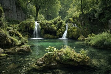 A serene woodland pool, framed by lush greenery and cascading waterfalls, showcases a tranquil natural scene.