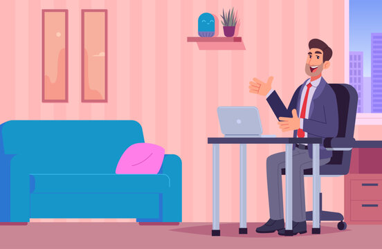 Cartoon businessman working on laptop at home office interior