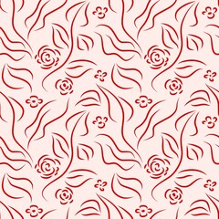 Continuous Line Drawing Floral Pattern with Red Roses and Leaves