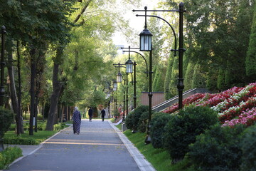 Lush Green Park with Sunlight and Lanterns