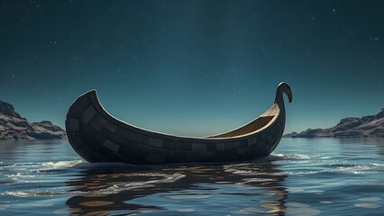 Primitive stone boat drifting on an ancient shimmering river beneath a star-filled night sky.