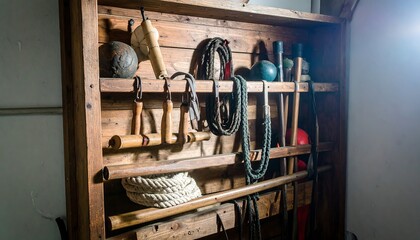Wooden Rack Displaying Various Exercise Tools and Equipment