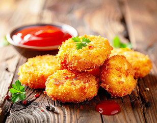 Chicken nuggets with ketchup on a rustic wooden background. AI