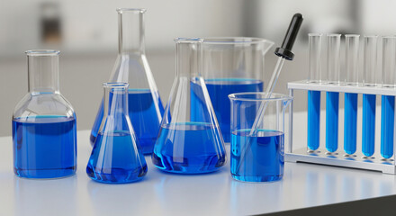 Realistic 3D illustration of chemical laboratory equipment containing blue liquid, consisting of test tubes, Erlenmeyer flasks, beakers, pipettes, and test tube racks, suitable for scientific visualiz