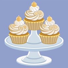 Elegant threetiered cupcake stand with swirled frosting and golden cherry toppings