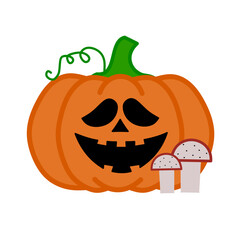 Halloween Jack O’Lantern Pumpkin Vector with Mushrooms – Color Illustration, Hand Drawn illustration Vector Full Color.