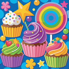 Colorful cupcakes and lollipop with star and flower decorations on blue background