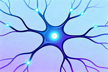 Illustration of a neuron with glowing synaptic connections against a gradient blue background