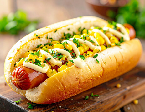 Gourmet hot dog topped with corn, mayonnaise, and herbs. AI