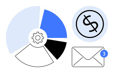 Pie chart with gear icon, dollar sign within a circle, and envelope symbol with notification. Ideal for finance management, business strategy, email marketing, investment, savings, notifications