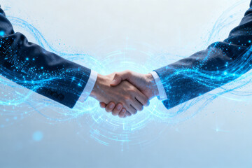 Two business professionals shaking hands with digital energy waves surrounding their clasped hands, symbolizing a technological partnership.