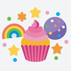 Delicious cupcake with rainbow and stars
