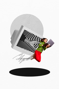 Fototapeta Collage portraying laptop computer smartphone addiction manipulation through digital lies hypnotic propaganda illusions