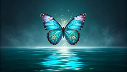 Blue butterfly flying over glowing water with magical light reflection at night 

