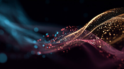 Fototapeta premium Abstract flowing wave of particles in blue pink and gold against a dark background