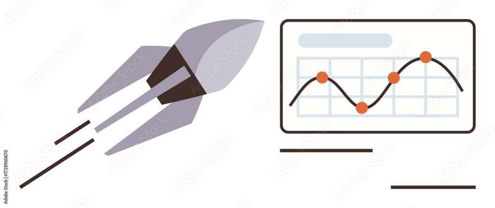Poster rocket soaring forward and line graph with data points signifying upward growth. ideal for business 
