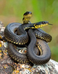 Two snakes coiled on a log