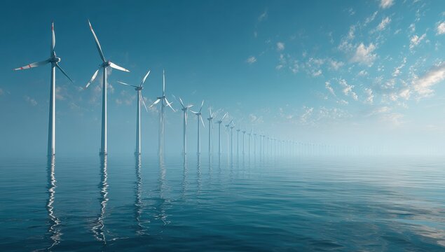 Inspiring wind farm stretching across tranquil ocean waters, symbolizing clean energy solutions and sustainable future, perfect for environmental reports