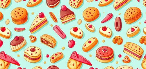 Sweet bakery seamless pattern featuring repeating delectable pastries, breads, and confectionery delights, print, donut