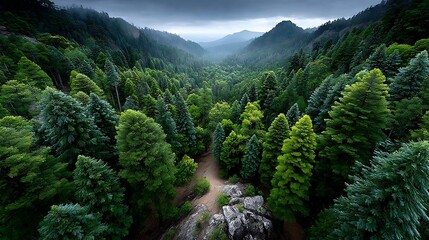 Rainforest canopy seen from above, dense green foliage stretching to the horizon,