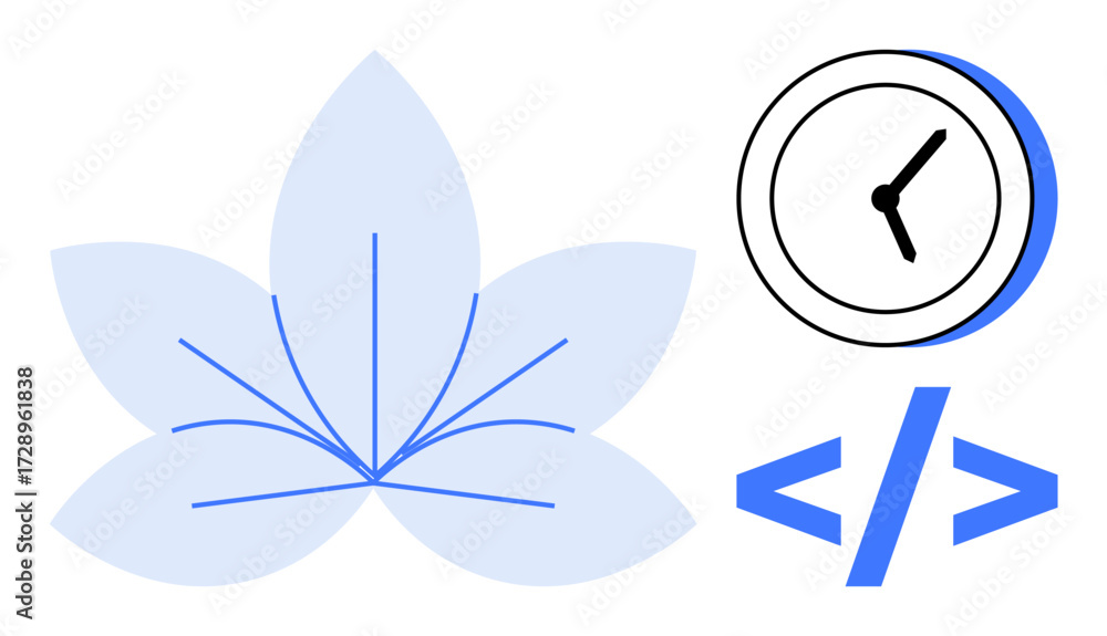 Poster abstract flower, clock, and coding brackets emphasize harmony, time management, and innovation. idea