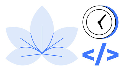 Abstract flower, clock, and coding brackets emphasize harmony, time management, and innovation. Ideal for productivity, balance, technology workflow efficiency mindfulness and design. Modern