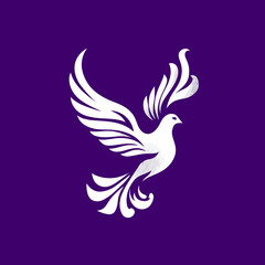 Obraz premium Stylized white dove with feathered wings on a solid purple background