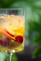 Refreshing summer cocktail with ice cubes, apple and orange slices, raspberries, and bubbles in a clear glass. Outdoor garden background, close-up view