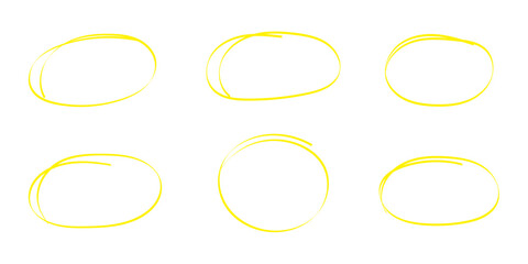 Set of drawn yellow marker round frames on white background. Hand drawn marker stroke style doodle yellow circle frame, brushstroke oval shape for highlighting, underlining, yellow circle Best Design.