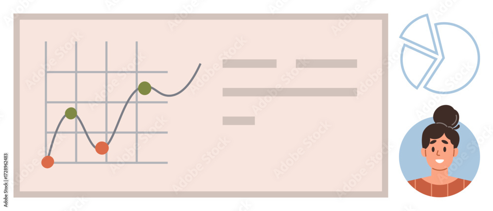 Poster line graph with points, text annotations, pie chart, and woman avatar symbolize data analysis, progr