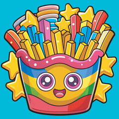 Cartoon french fries in a colorful container with a cute face and stars