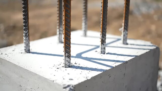 Strong Steel Rebar Reinforcing Fresh Concrete Foundation for New Building Structure on a Sunny Construction Site Essential Infrastructure Development for Stabil
